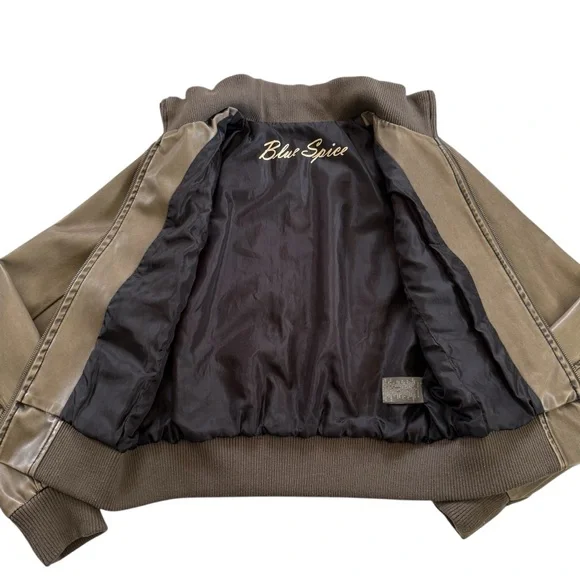 Blue Spice Womens Size Large Faux Leather Bomber Coat Jacket Full Zip Brown Tan - Picture 12 of 14